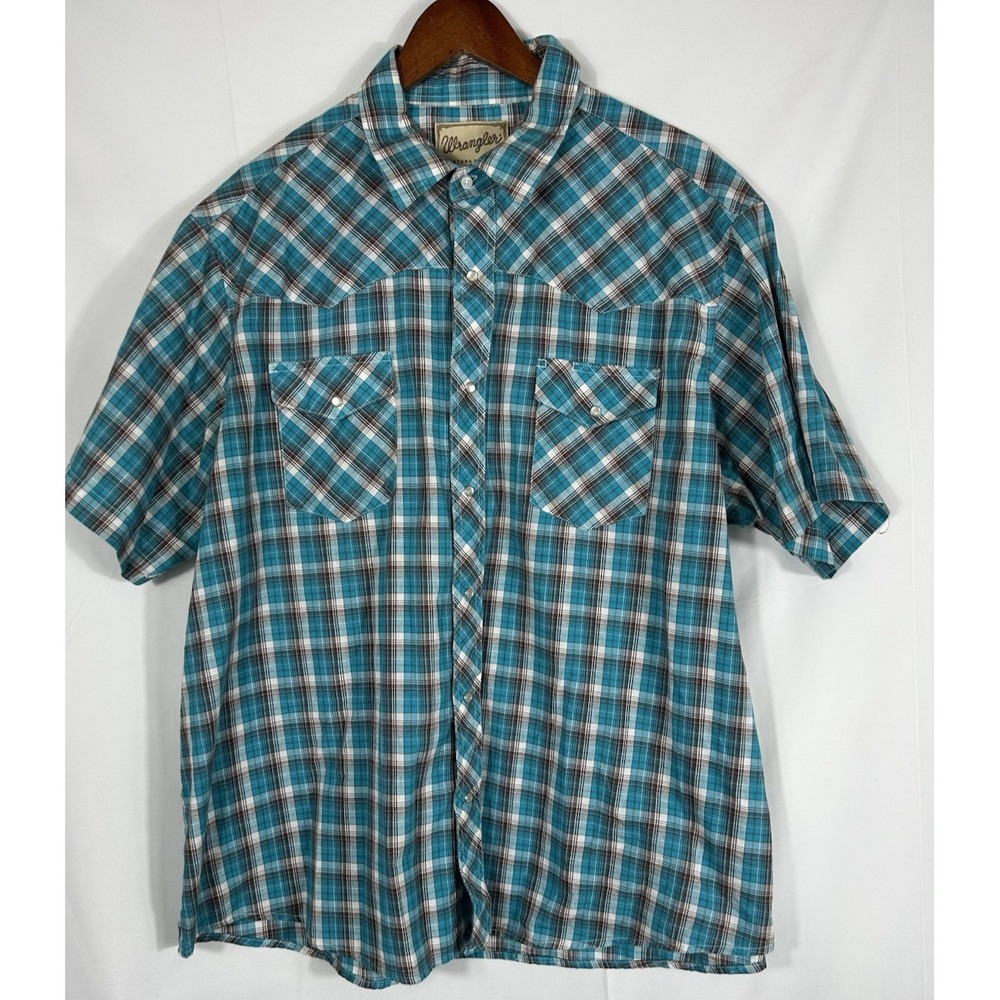 Wrangler Mens Vintage Western Pearl Snap Shirt Size 2XL Ranch Cowboy Blue/Brown